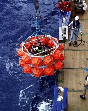 Here, the ADCP buoy is lowered into the water.