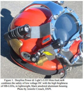 DeepSea Power & Light's LED Mini-SeaLite combines the safety of low voltage DC with the high brightness of HB-LEDs, in lightweight, black anodized acluminum housing.