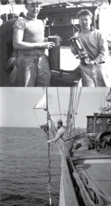Image of deep-sea camera being deployed from the RV Vema in the late 1950s.